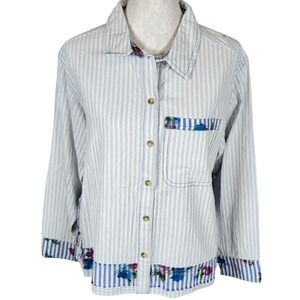 Tru Luxe Jeans Women Button Front‎ Blouse Medium Blue White Stripe Floral NWT
